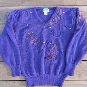 Vintage Jessica Made in Hong Kong Embellished Purple Sweater V Neck Size Medium